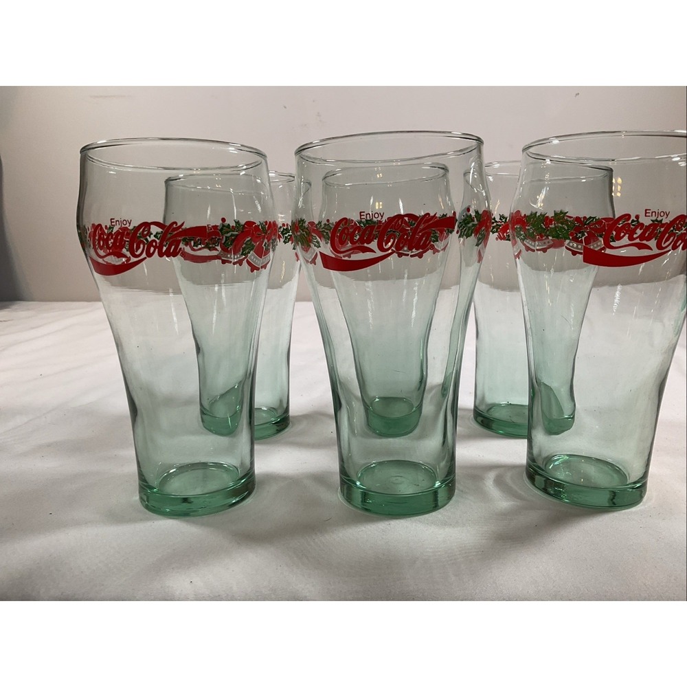 Vintage Coca-Cola Glasses 6" Green Tint Christmas Bells Holly Libbey Set Of 6